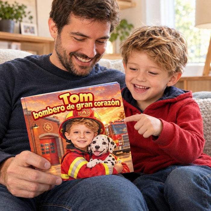 Un padre y su hijo descubren el libro «Bombero de gran corazón»