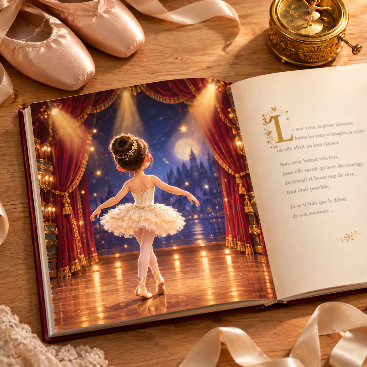 Le livre « Le Rêve de la danseuse étoile » ouvert sur une double page illustrée