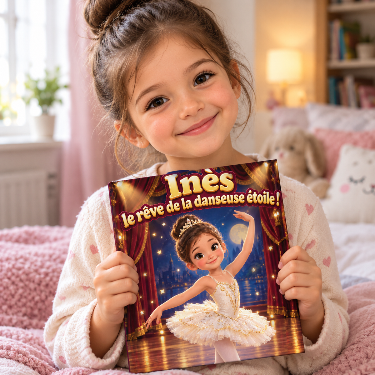 Un enfant tient fièrement son livre « Le Rêve de la danseuse étoile »