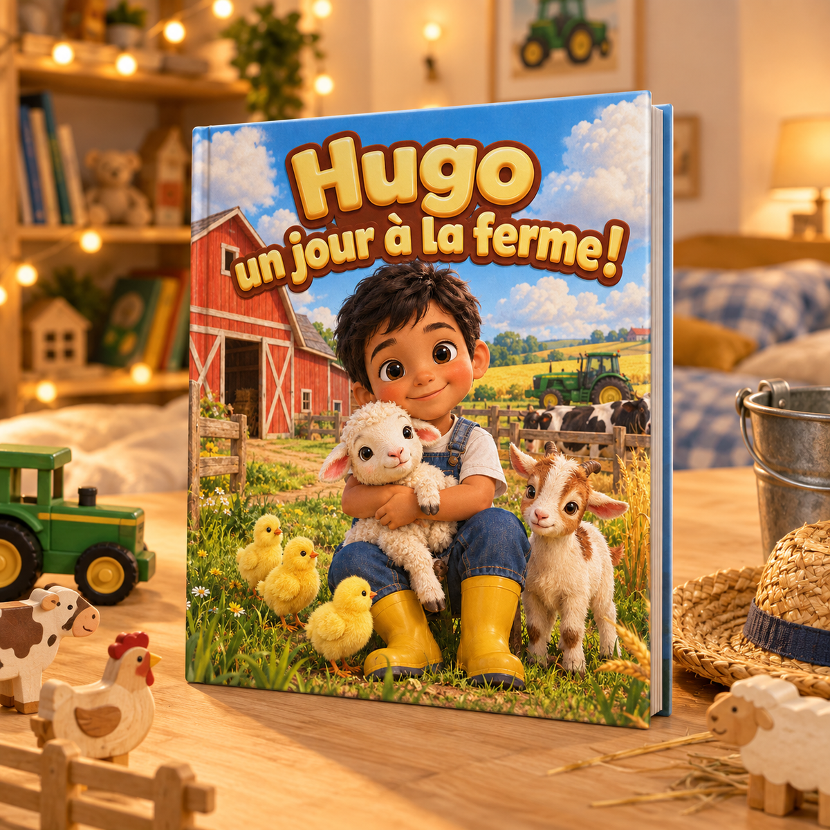 Le livre « Un jour à la ferme » posé sur une table, mise en scène