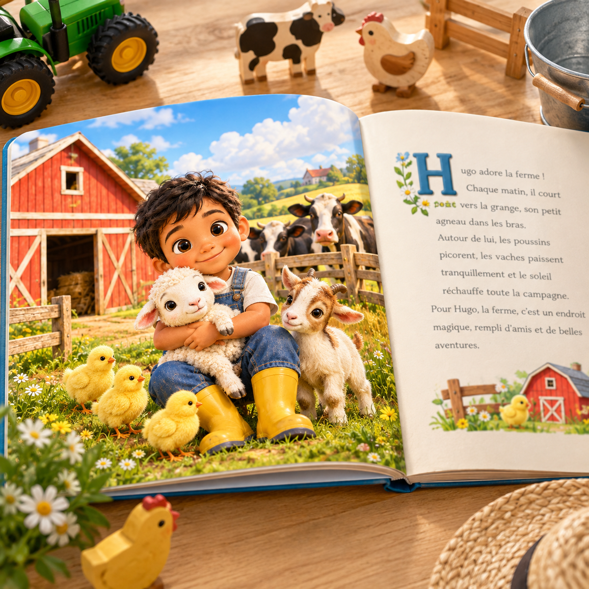 Le livre « Un jour à la ferme » ouvert sur une double page illustrée