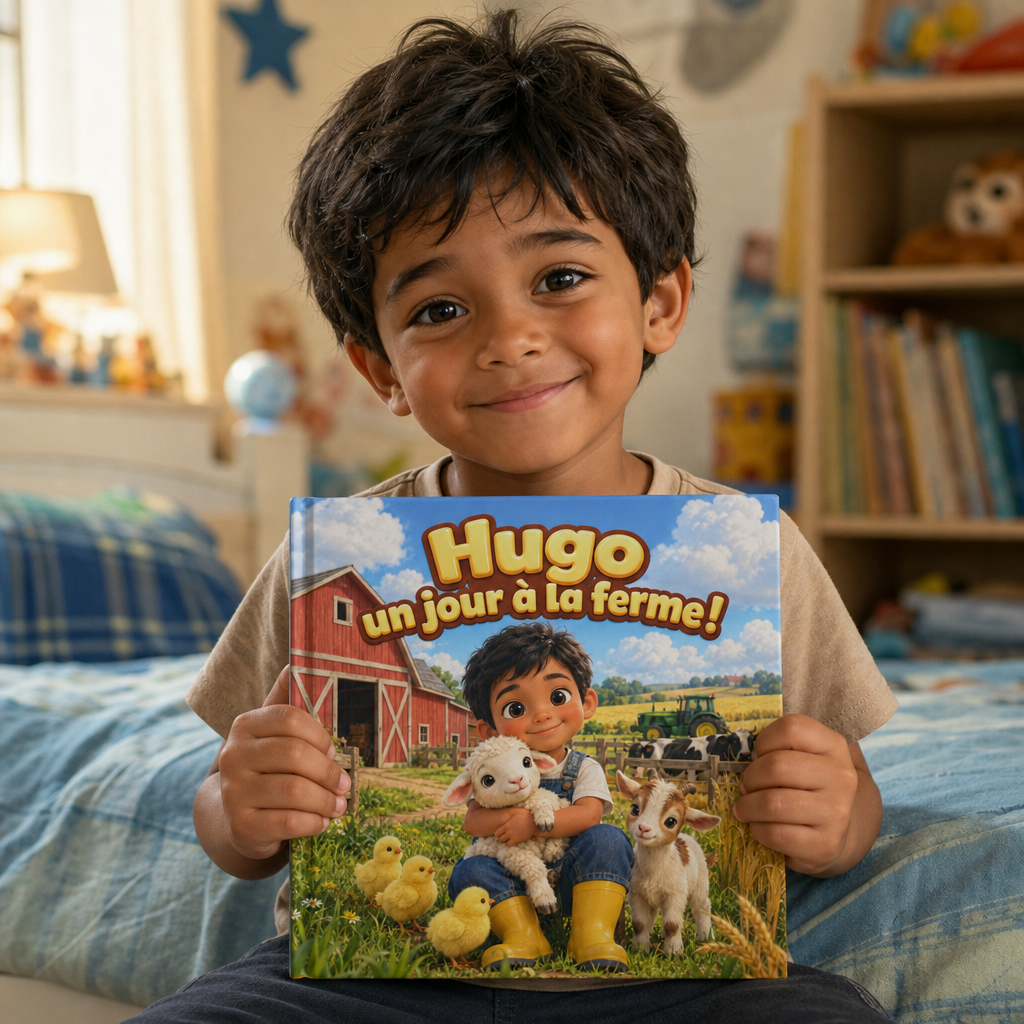 Un enfant tient fièrement son livre « Un jour à la ferme »