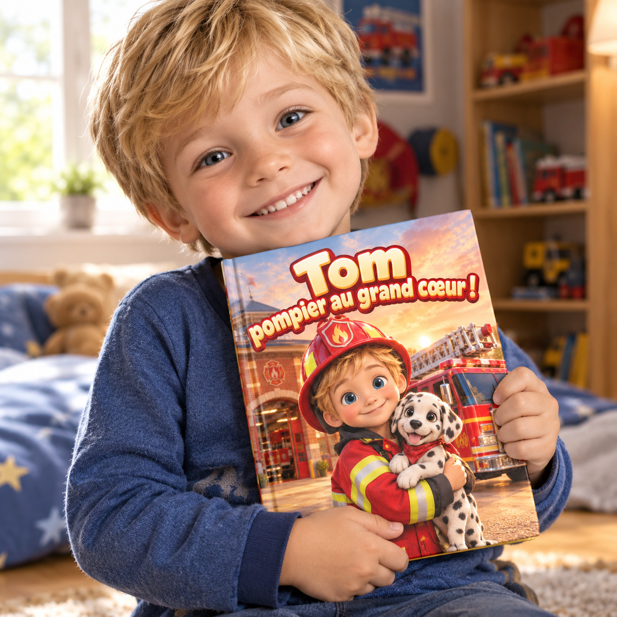 Un enfant tient fièrement son livre « Pompier au grand cœur »