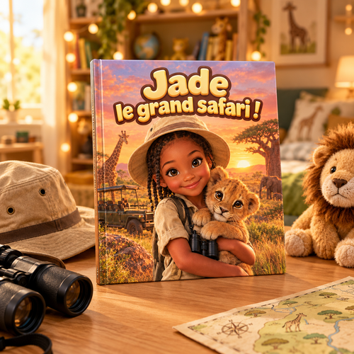 Le livre « Le Grand Safari » posé sur une table, mise en scène