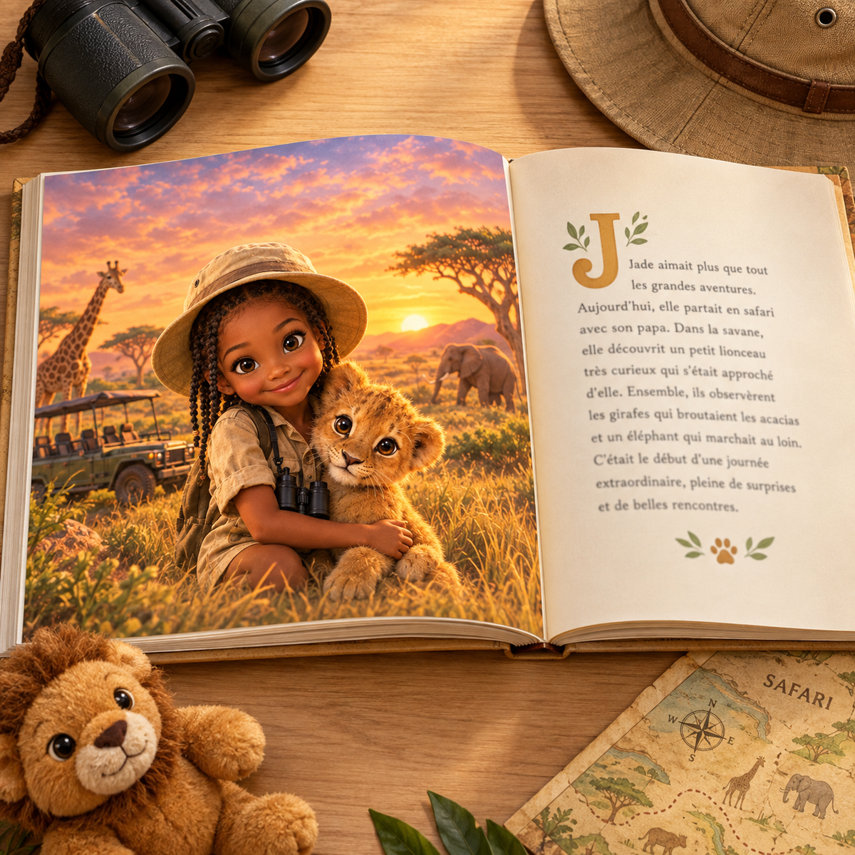 Le livre « Le Grand Safari » ouvert sur une double page illustrée