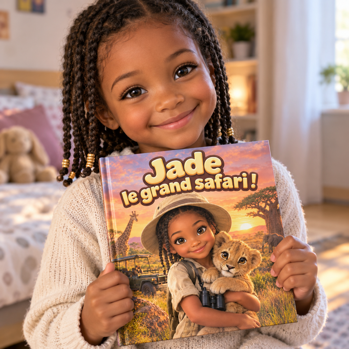 Un enfant tient fièrement son livre « Le Grand Safari »