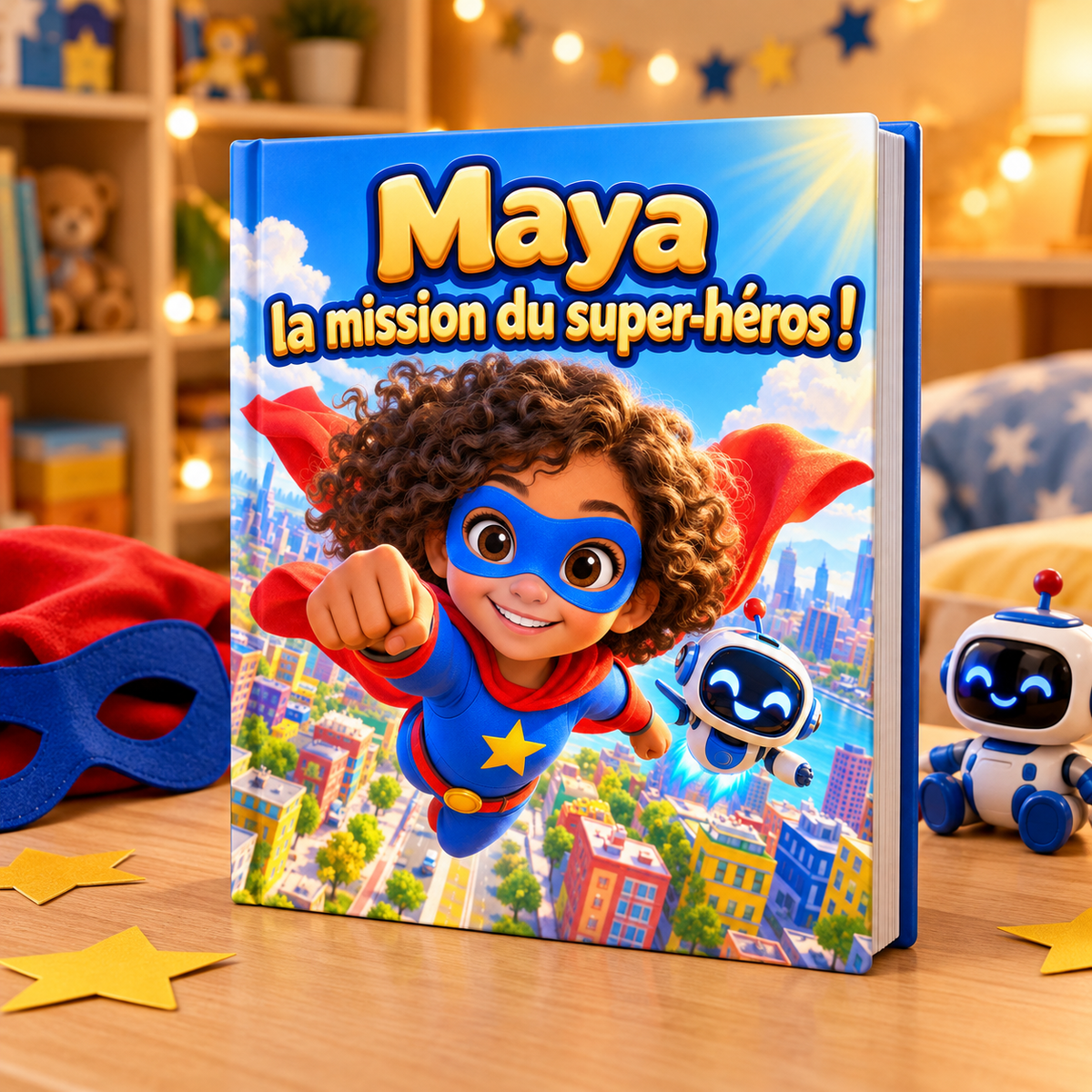 Le livre « La Mission du super-héros » posé sur une table, mise en scène