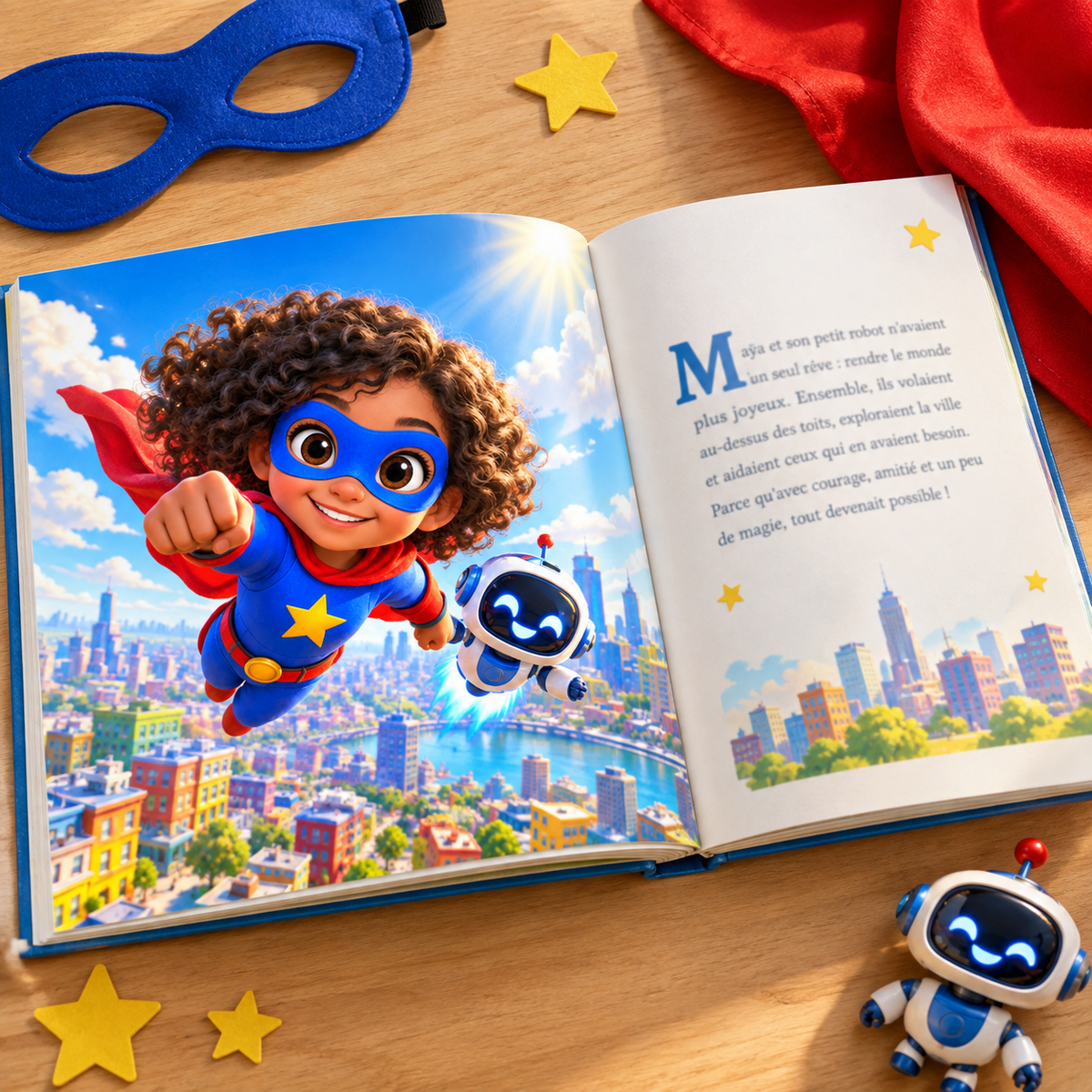 Le livre « La Mission du super-héros » ouvert sur une double page illustrée