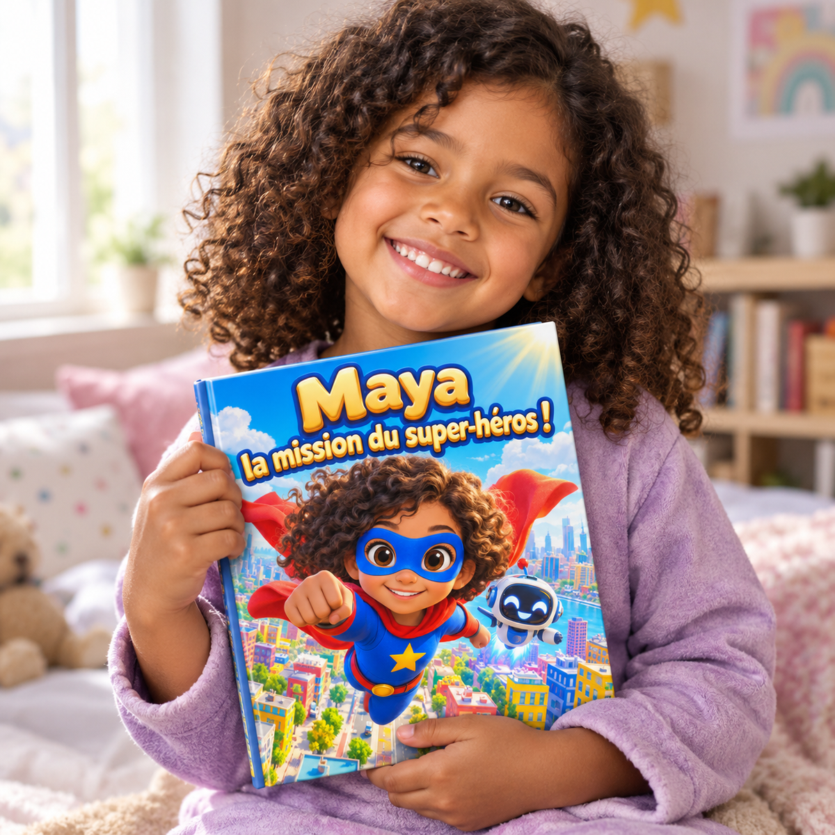 Un enfant tient fièrement son livre « La Mission du super-héros »