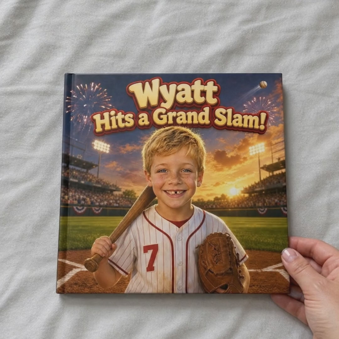 A hand flips through the book “Hits a Grand Slam”
