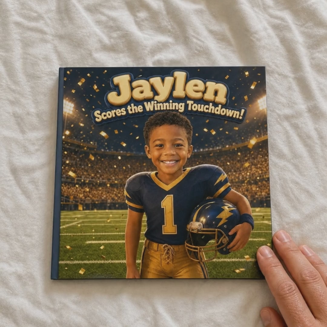 A hand flips through the book “Scores the Winning Touchdown”