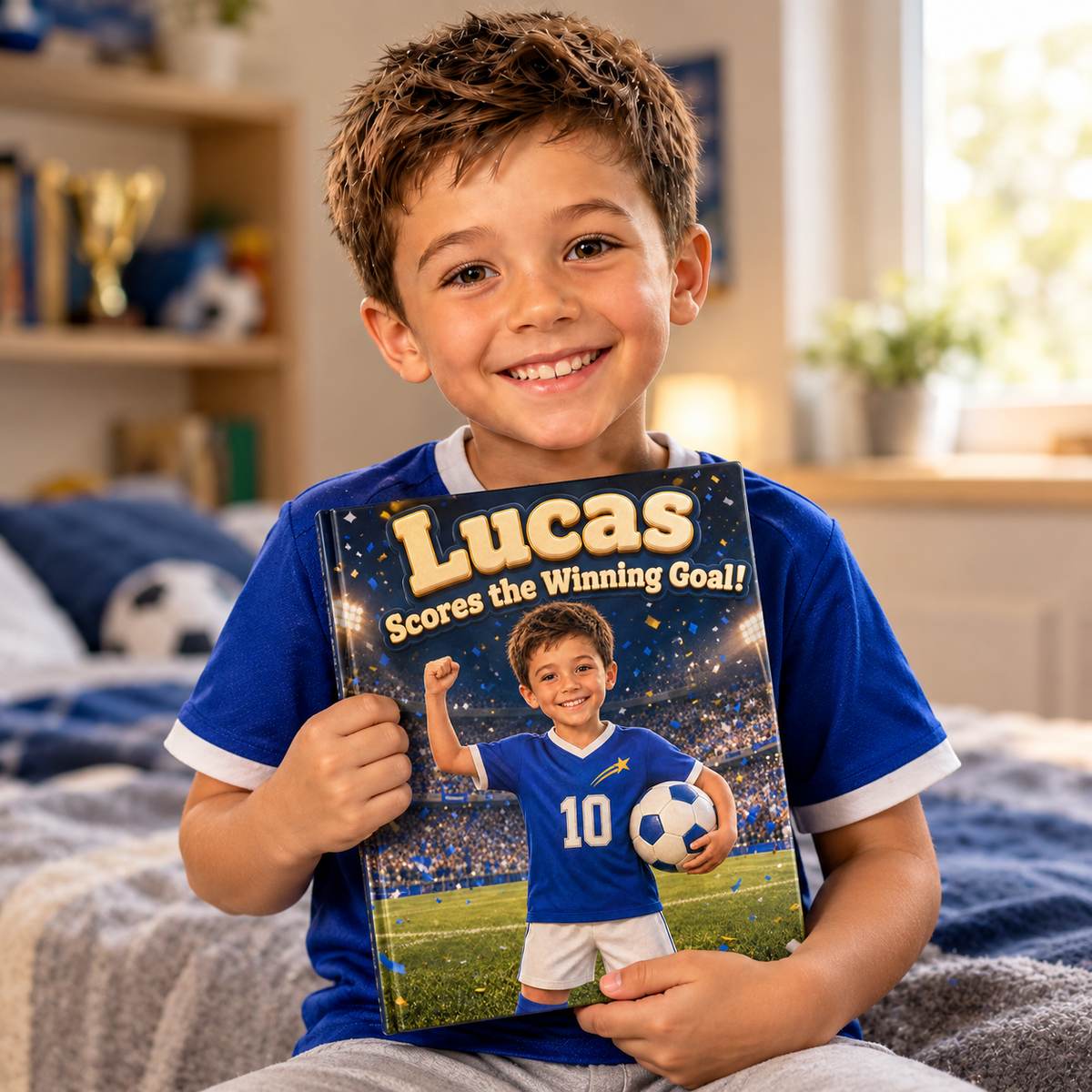 A child proudly holding their copy of “Scores the Winning Goal”