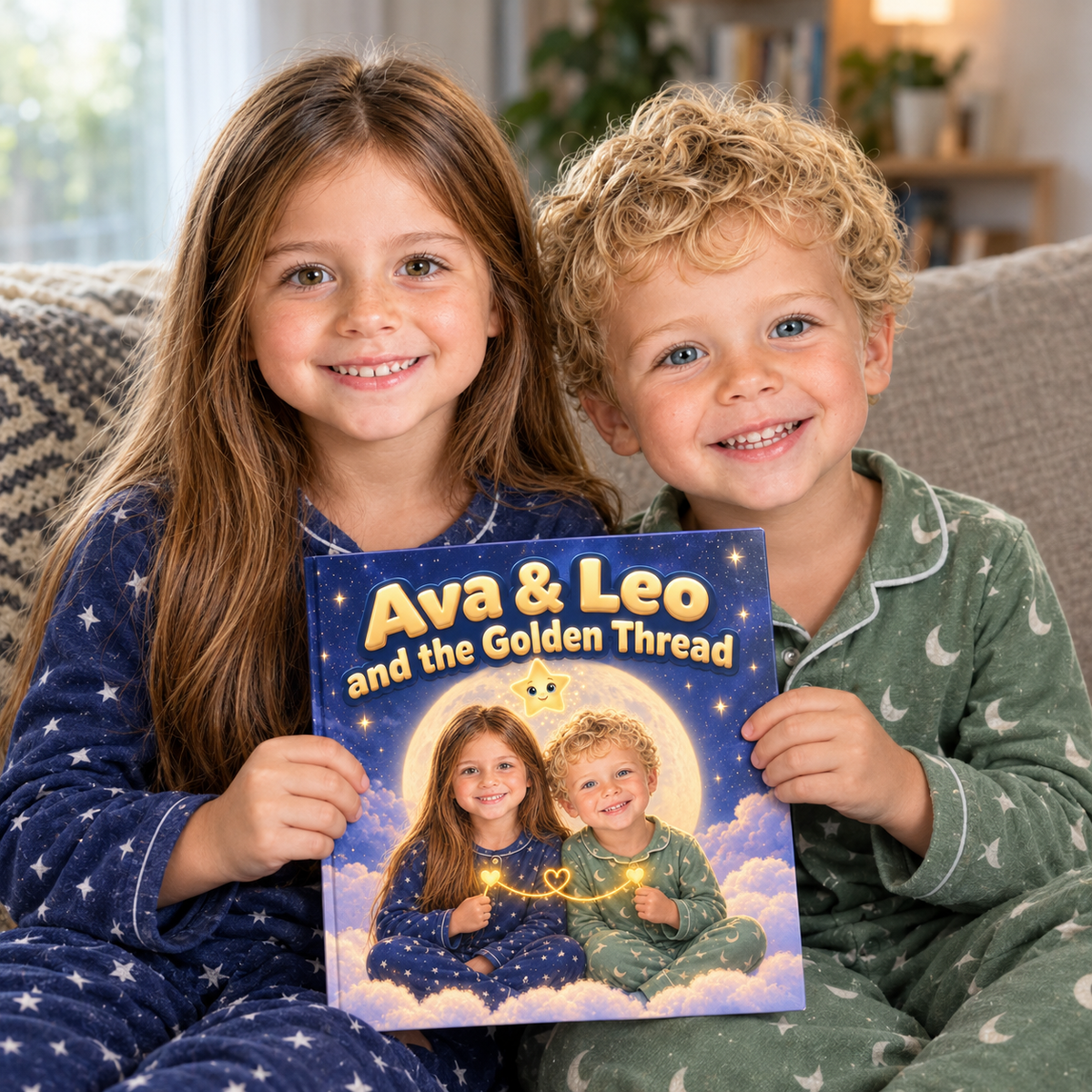 Two children holding their book “The Golden Thread”