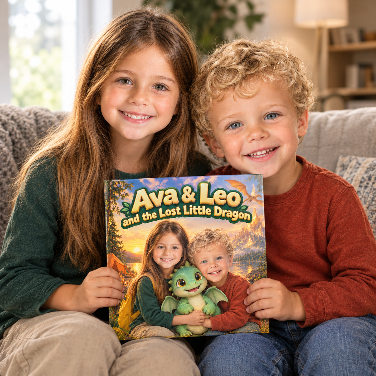 Two children holding their book “The Lost Little Dragon”