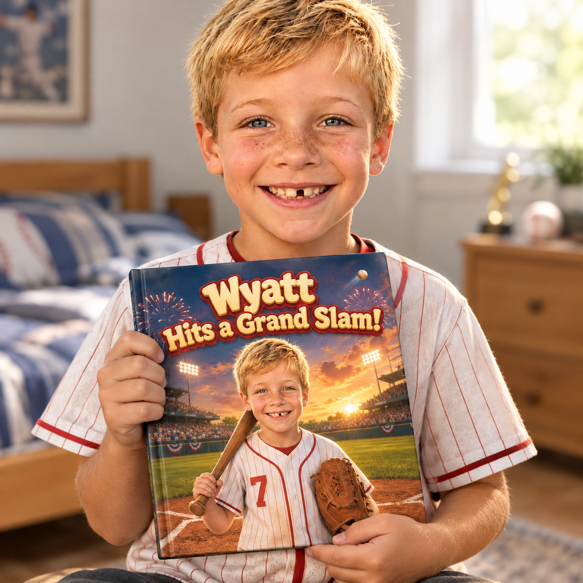 A child proudly holding their copy of “Hits a Grand Slam”