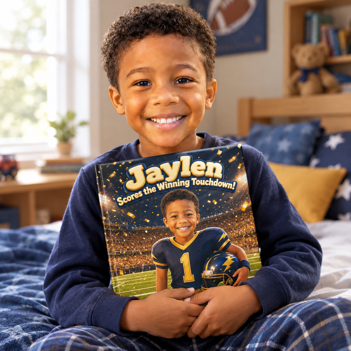 A child proudly holding their copy of “Scores the Winning Touchdown”