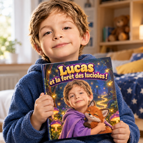 Un enfant tient fièrement son livre « La Forêt des lucioles »