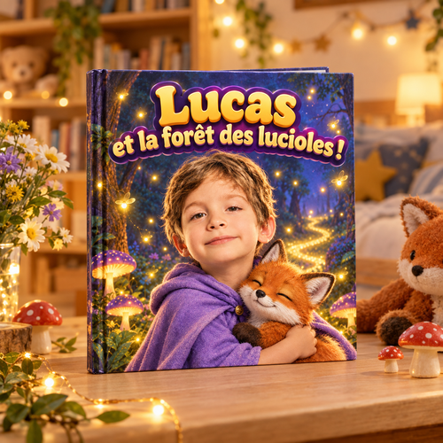 Le livre « La Forêt des lucioles » posé sur une table, mise en scène