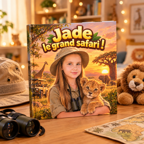 Le livre « Le Grand Safari » posé sur une table, mise en scène