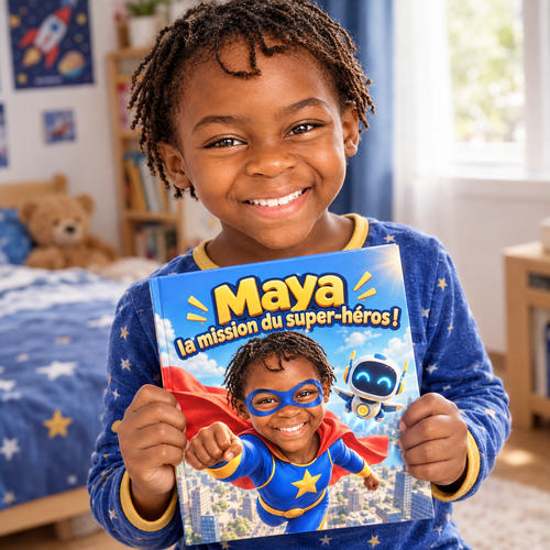 Un enfant tient fièrement son livre « La Mission du super-héros »